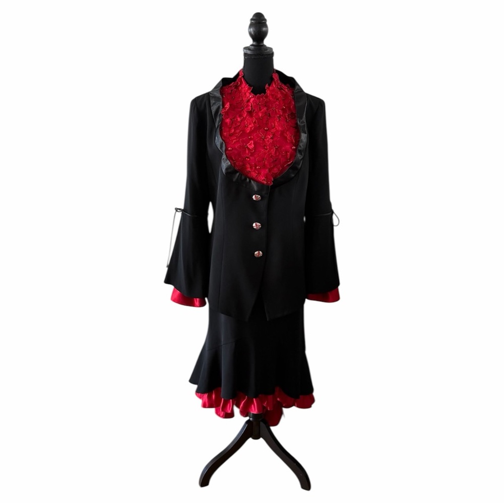 Elite Champagne Black 2pc Skirt Suit w/Red Appliqués and Satin Ruffles, Size 14